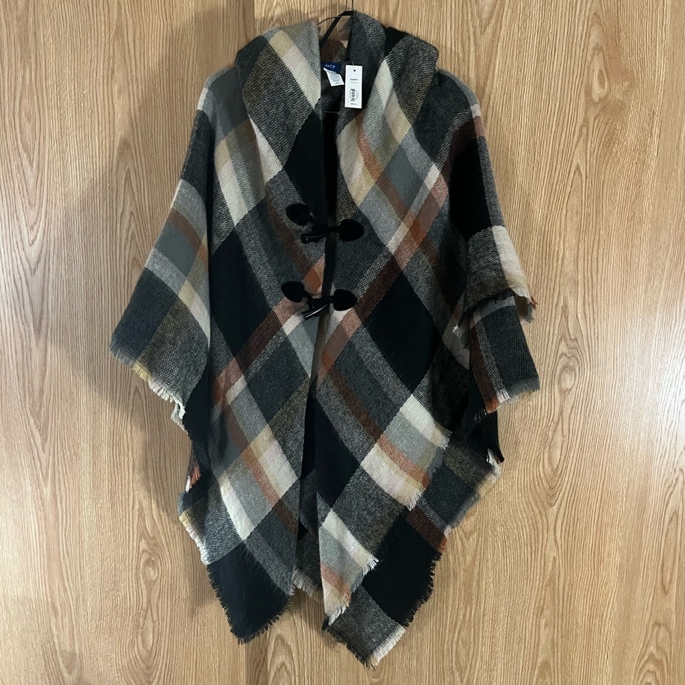 NWT Black and Orange Plaid Soft Poncho Sweater